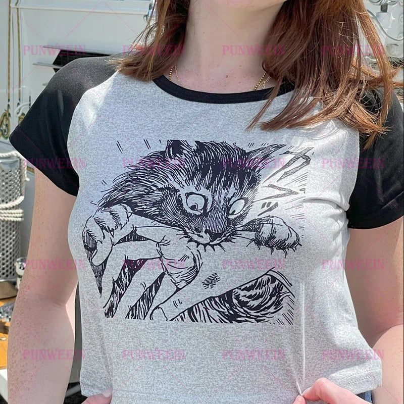 Nuvane Harajuku Cat Crop Tee — The Print That Makes Minimalists Look Twice